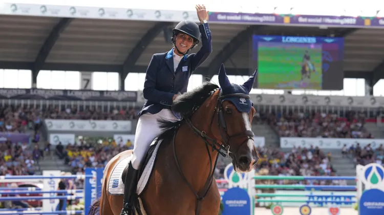 Ioli Mytilineou et L’Artiste de Toxandra aux Mondiaux de Herning en 2022. 