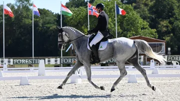Maxime Livio et son hongre gris Api du Libaire (SF, Fusain du Defey x Trésor de Cheux) ont présenté une reprise notée à 72,94%, soit 27,1 points de pénalité. 
