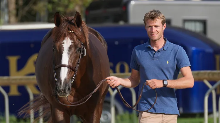 Nicolas Layec mène Best Of Iscla à une inspection des chevaux à Gassin