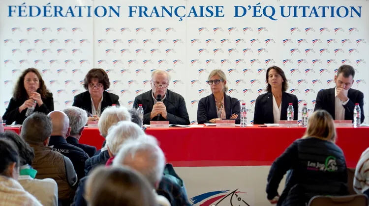 De gauche à droite: Valérie Dalodier, présidente du CNTE, Élisabeth Treilland, trésorière de la FFE, Serge Lecomte, président, Marie-Laure Deuquet, secrétaire générale, Sophie Dubourg, directrice technique nationale, et Frédéric Bouix, délégué général. DR/FFE