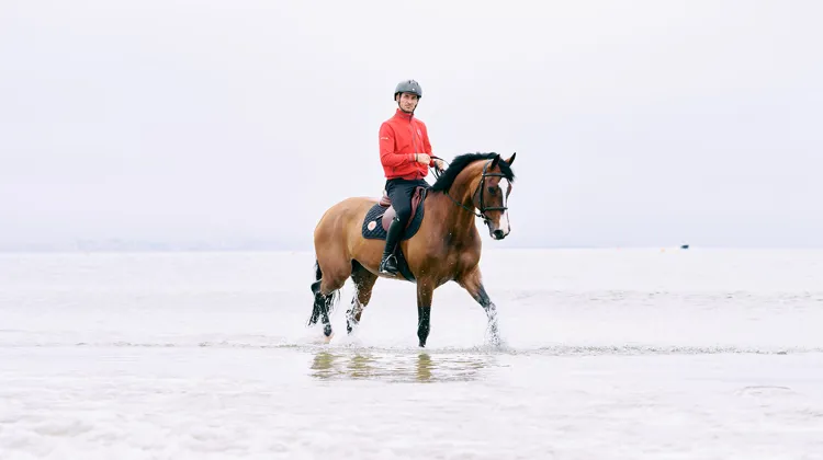 Très attaché au Jumping International de La Baule, Steve Guerdat, ici en selle sur Dynamix de Belhême, ne manquerait pour rien au monde les traditionnels bains de mer offerts aux chevaux chaque matin