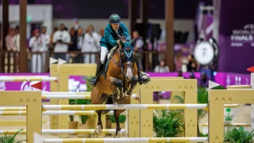 Le Saoudien Abdullah al-Sharbatly et Fiumicino van de Kalevallei lors de la finale Coupe du monde à Riyad, en avril 2024.