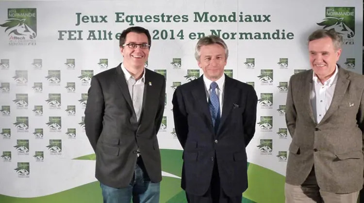 Fabien Grobon, le directeur général du Comité d?organisation des JEM de Normandie, Laurent Beauvais, président du comité d?organisation de Normandie 2014 et président de la région Basse-Normandie, et Serge Lecomte, président de la FFE.