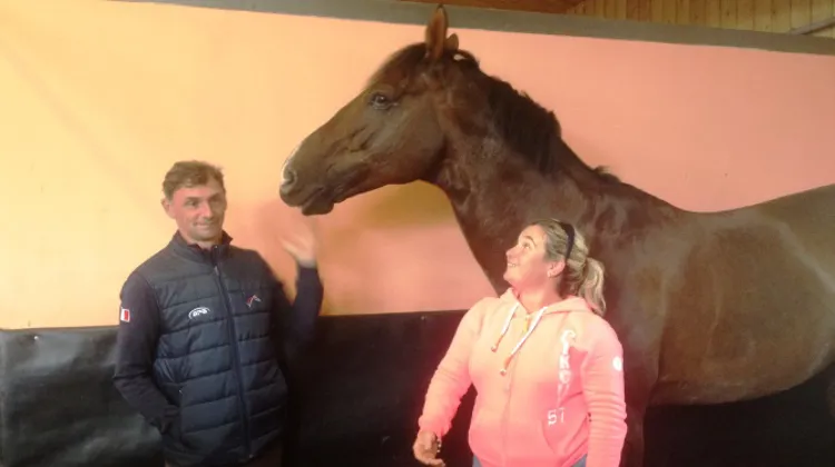 Jérôme Hurel et Déborah Smaga dans le box de Quartz Rouge au haras de Bosquetterie, où le stage s'achève ce soir. Photo Sébastien Roullier