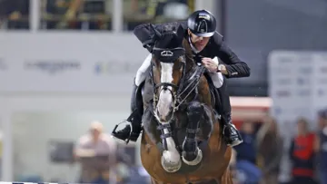 Marcus Ehning en selle sur Plot Blue, victorieux de l'édition 2014 du Global Champions Tour de Vienne.