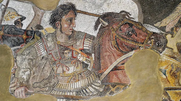 Mosaïque de la maison du Faune à Pompéi. Inspirée d’une illustration réalisée peu de temps après la mort de Bucéphale, cette représentation d’un Bucéphale alezan, couplée aux statistiques de l’époque, pourrait être la plus réaliste.