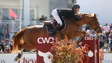 Nohlan Vallat et Éole Cyclamen lors de la finale du championnat de France Jeunes Cavaliers. 