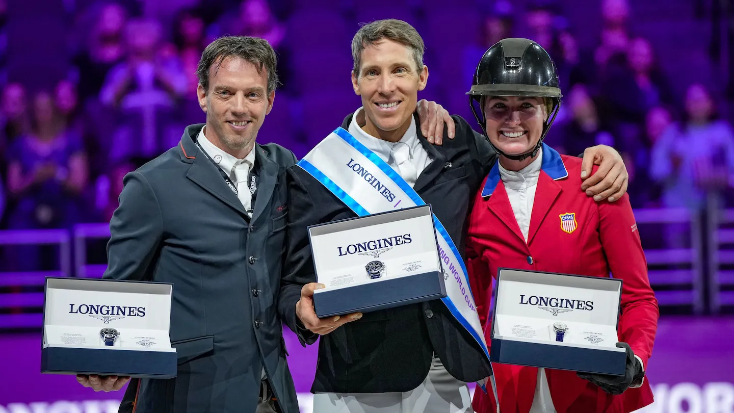 Le podium de la quarante-troisième édition de la finale de la Coupe du monde Longines de jumping. 