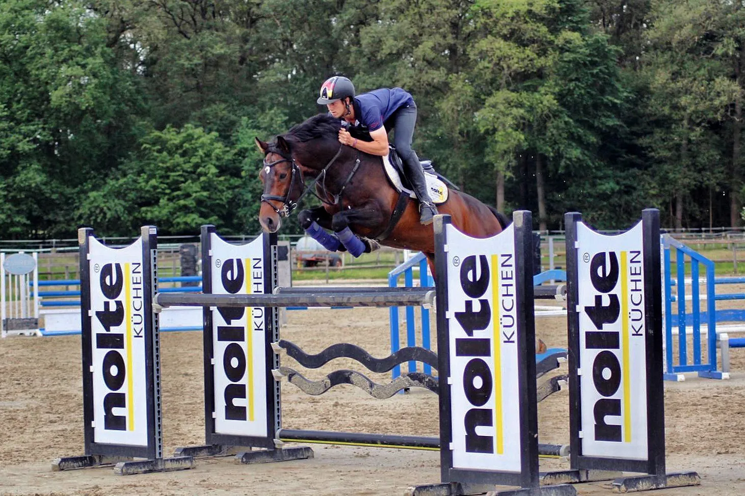  Ici à l’entraînement avec Pluto75, un fils de Plot Blue né chez les Ehning, Yann monte en moyenne six chevaux par jour.