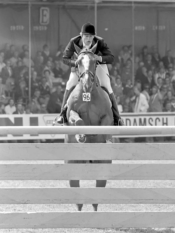 Le grand Flambeau C, ici lors de ses premiers championnats d’Europe, en 1979 à Rotterdam, sous la selle d’Éric Leroyer.