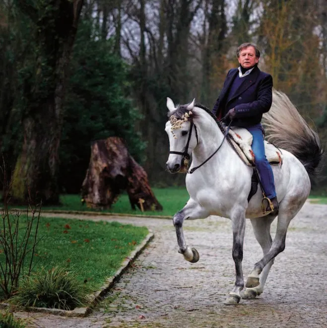 ici au piaffer avec Convento, son jeune Lusitanien de huit ans, le cavalier exécute aussi bien des exercices de Haute École que des figures de cascades.