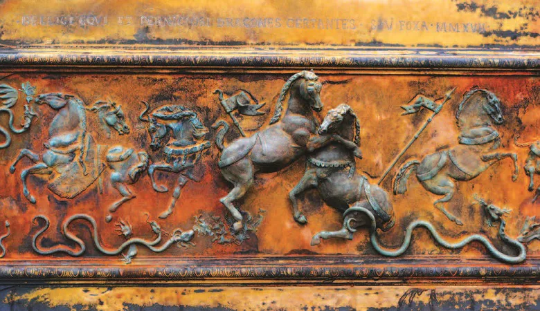 "Destriers et dragons se battant ", haut-relief (50 x 100 cm), technique mixte.