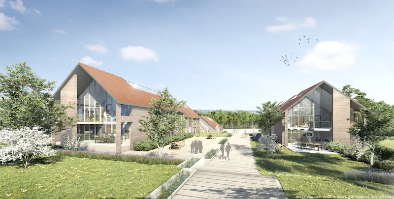 Vue des futurs logements dédiés à l'hébergement des étudiants sur le site.