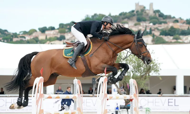 Depuis l’an passé, l’étalon Catchar Mail, ici à Grimaud, poursuit son ascension sous la selle d’Edward Levy.