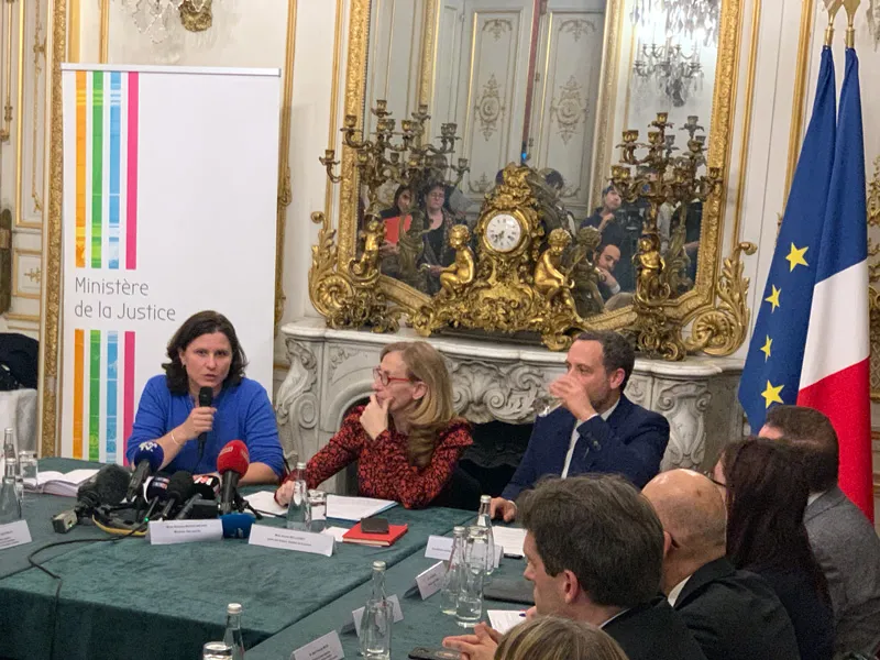Roxana Maracineanu, Nicole Belloubet et Adrien Taquet mercredi soir au ministère de la Justice, à Paris.