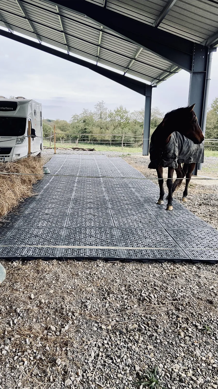 Les dalles de stabilisation ont trouvé leur place parmi paddocks et prés afin de permettre aux chevaux de rester au sec.