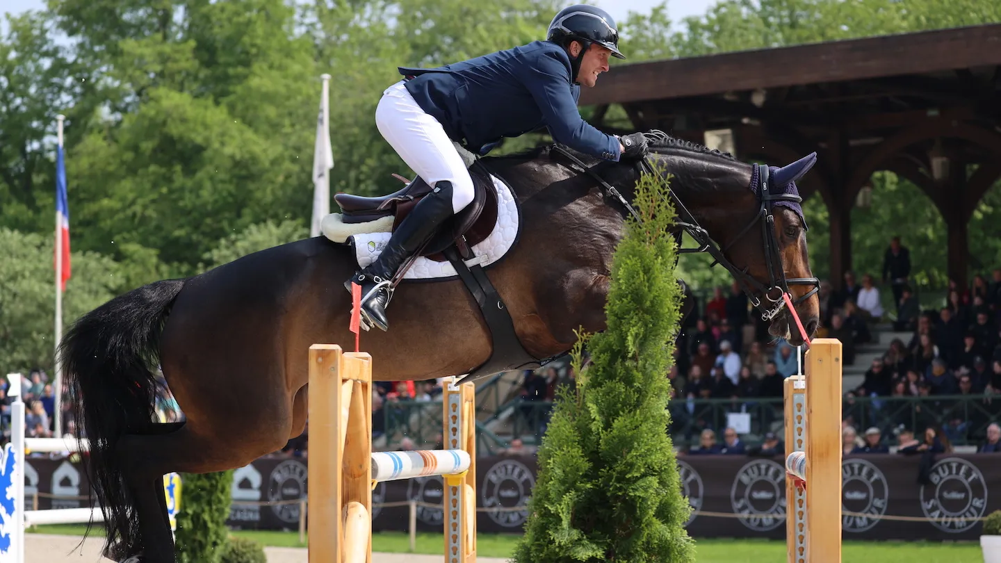 Guillaume Batillat en selle sur Egee Levaillant, jeune jument de neuf ans. 
