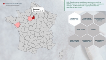 Au 25 novembre, ont été confirmés trois foyers dans l’Essonne, deux foyers dans les Hauts-de-Seine, un dans les Yvelines, un dans l’Eure-et-Loir, un en Loire-Atlantique et un dans l’Orne.