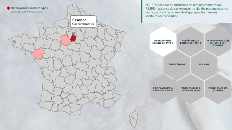 Au 25 novembre, ont été confirmés trois foyers dans l’Essonne, deux foyers dans les Hauts-de-Seine, un dans les Yvelines, un dans l’Eure-et-Loir, un en Loire-Atlantique et un dans l’Orne.