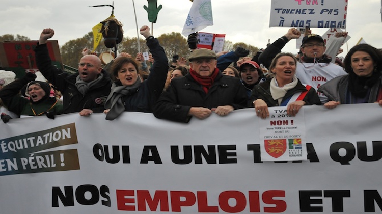Emmanuel Feltesse vice-président de la FFE et François Lucas président du Comité Régional d?Equitation d?Ile de France ont défilé en tête du cortège à Paris. Photo Valentine Cinier