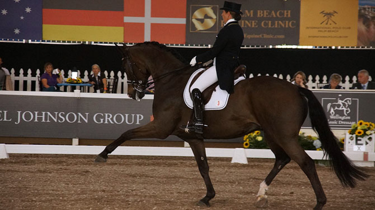 En selle sur Don Aurellio, Tinne Vilhelmson-Silfven a dépassé les 84% dans la Reprise Libre en Musique. Photo World Dressage Masters 