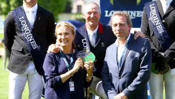 Emmanuèle Perron-Pette, Patrice Delaveau et Armand Pette en 2018 à La Baule, après la victoire du cavalier dans le Grand Prix avec Aquila*HDC.