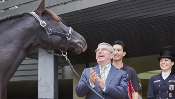 Straight from the horse's mouth: International Olympic Committee President Thomas Bach was greeted at Fédération Equestre Internationale (FEI) Headquarters by the stallion Sarango after meetings with an FEI delegation headed by President Ingmar De Vos and
