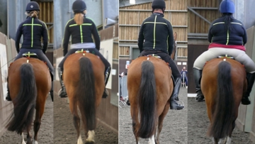 Caudal images of the four riders, from left to right, Light (L), Moderate (M), Heavy (H) and Very Heavy (VH) on Horse 2.
