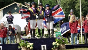 On the Young Riders Individual podium at the FEI European Eventing Championships 2019 for Juniors and Young Riders at Maarsbergen (NED) - L to R - Great Britain’s Isabelle Upton (silver), Germany’s Emma Brüssau (gold) and Great Britain’s Heidi Coy (bronze