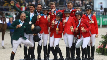 Eventing team medallists on the podium at the Pan American Games 2019 taking place at the Army Equitation School at La Molina in Lima, Peru today: L to R - Team Brazil (silver), Team USA (gold) and Team Canada (bronze).