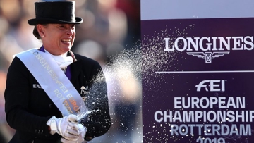 All fizzed up after the Freestyle - Germany’s Isabell Werth celebrates her third gold medal of the week following today’s Freestyle victory with Bella Rose at the Longines FEI Dressage European Championships 2019 in Rotterdam, The Netherlands.
