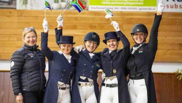 South Africa claimed the final team ticket for Dressage at the Tokyo 2020 Olympic Games in the Group F qualifier at Exloo, The Netherlands tonight. (L to R) Ingeborg Sanne, Tanya Seymour, Nicole Smith, Laurienne Dittmann and Gretha Ferreira.