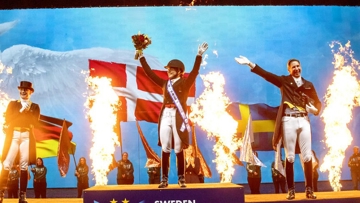 Spectacular prize giving ceremony in the Friends Arena in Stockholm. Isabell Werth (GER), Cathrine Dufour (DEN) and Patrik Kittel (SWE).