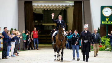Plot Blue, ridden by Marcus Ehning and led in by groom Kay Neatham