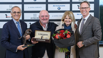Dominique Mégret (Chairman of the JOC), Luigi Baleri and his wife Ursula, and Christophe Jeanneret (Brand Manager Longines).