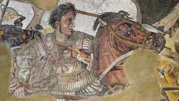 Mosaïque de la maison du Faune à Pompéi. Inspirée d’une illustration réalisée peu de temps après la mort de Bucéphale, cette représentation d’un Bucéphale alezan, couplée aux statistiques de l’époque, pourrait être la plus réaliste.