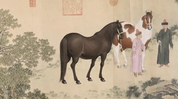 Tableau "Qazaq présentant leur tribut de chevaux à l’empereur Qianlong”, signé Giuseppe Castiglione. Ces coursiers, appréciés pour leur endurance et leur vitesse, étaient alors de véritables cadeaux diplomatiques.