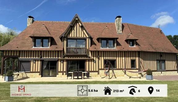 Propriété d'exception de 5,6 hectares près du littoral normand, alliant une maison de caractère avec piscine chauffée à des installations équestres complètes, idéale comme résidence principale, secondaire ou pour un projet équestre.