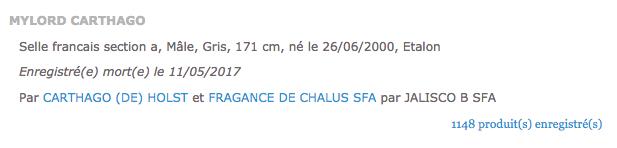 Le site des Haras Nationaux annonce que Mylord Carthago a été enregistré mort hier, jeudi 11 mai.