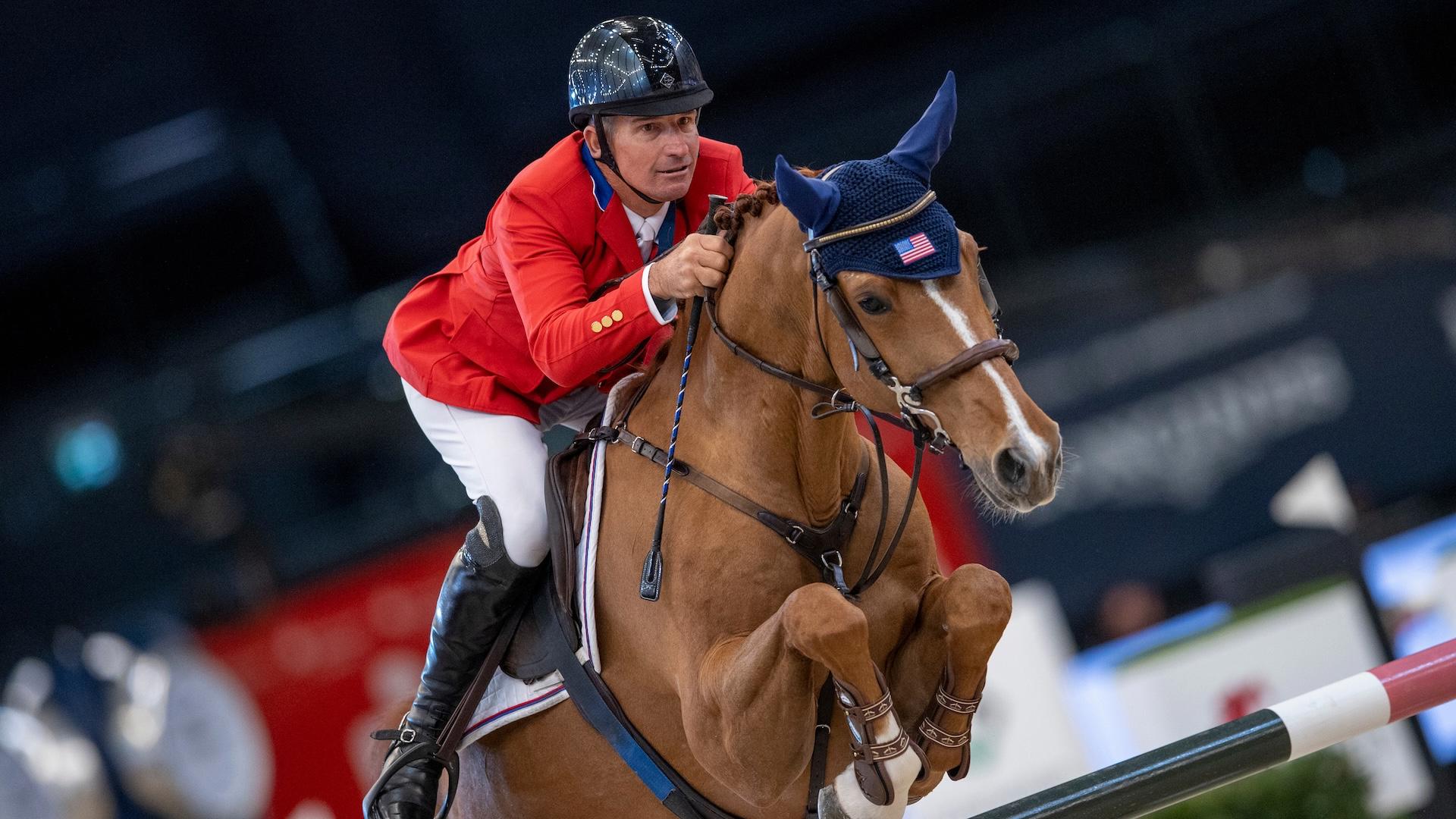 Aaron Vale et Elusive lors de la finale de la Coupe du monde Longines de Leipzig, en 2022. 