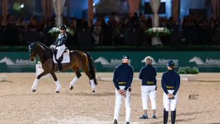Les cavaliers participant à la masterclass ont bénéficié du regard expert de Kyra Kyrklund, Jan Brink et Cathrine Laudrup-Dufour lors de cette soirée organisée à Wellington International.
