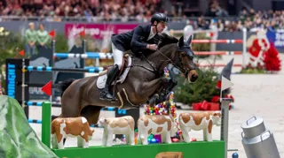 Scott Brash et sa baie franchissent ici l’obstacle représentant les vaches dans les verts pâturages suisses, un incontournable à Genève ! 