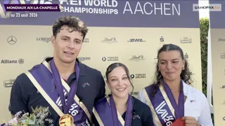 Dimanche, à Aix-la-Chapelle, Noëly Thibaudat et Théo Gardies ont empoché la médaille d’or dans le Pas-de-deux des championnats du monde de voltige. Sur Sir Sensations, longé par Sirine Abousaïd, la paire a décroché la note maximale pour la dimension artistique de sa prestation ! Le trio vainqueur a partagé sa joie au micro de GRANDPRIX.tv. 